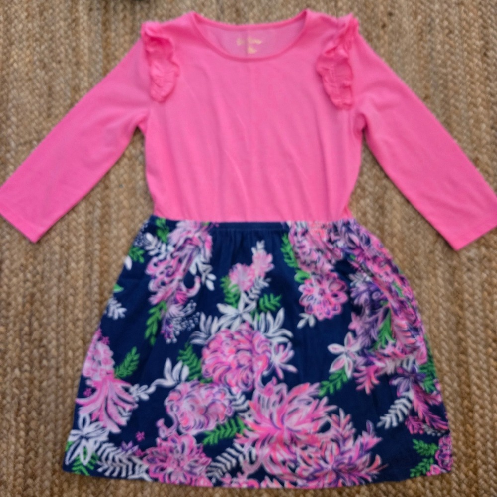 Lilly Pulitzer Girls Pink Navy Floral Ruffle Shoulder Long‎ Sleeve Dress 8-10yrs